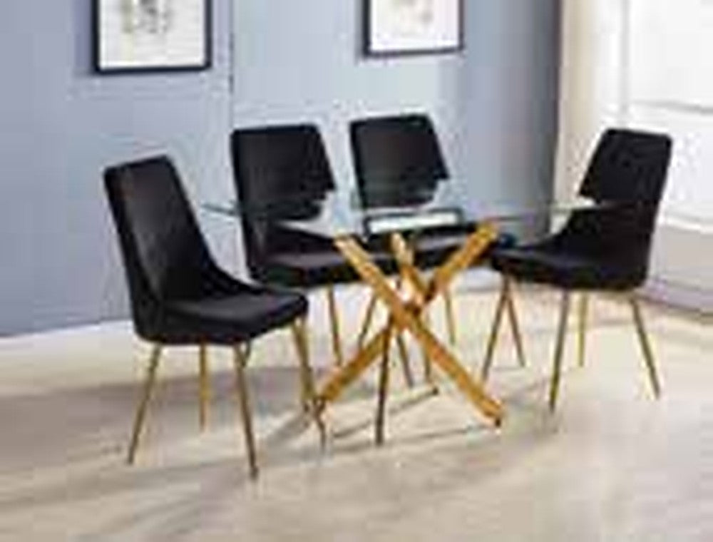 D6073 Velvet Dining Set – Glass Table (Gold Base) - Grey