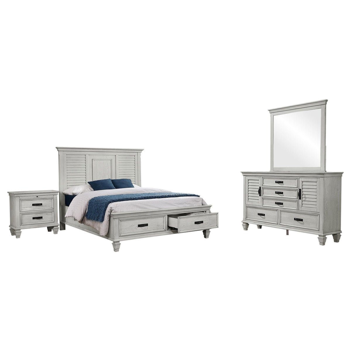 Franco Eastern King Bed 4-Piece Set in Distressed White - Coaster Furniture