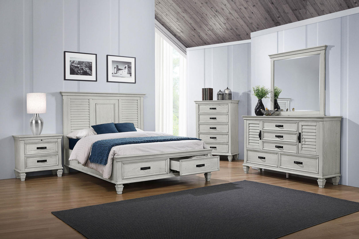 Franco Eastern King Bed 5-Piece Set in Distressed White - Coaster Furniture