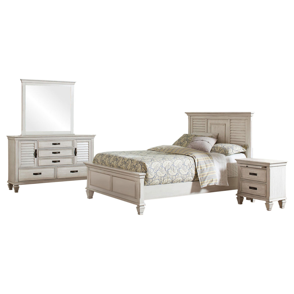 Franco Eastern King Bed 4-Piece Set in Distressed White - Coaster Furniture