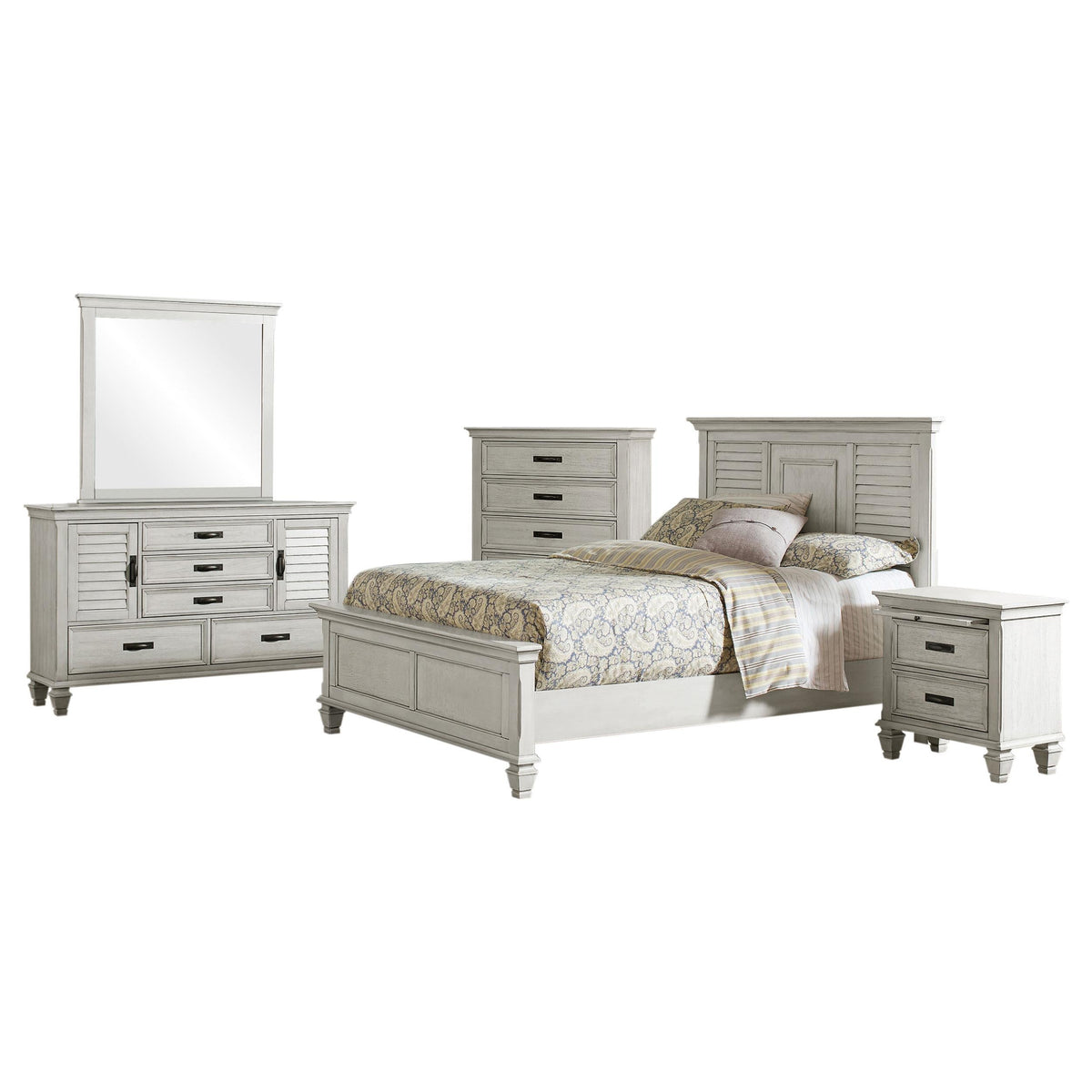 Franco Eastern King Bed 5-Piece Set in Distressed White - Coaster Furniture
