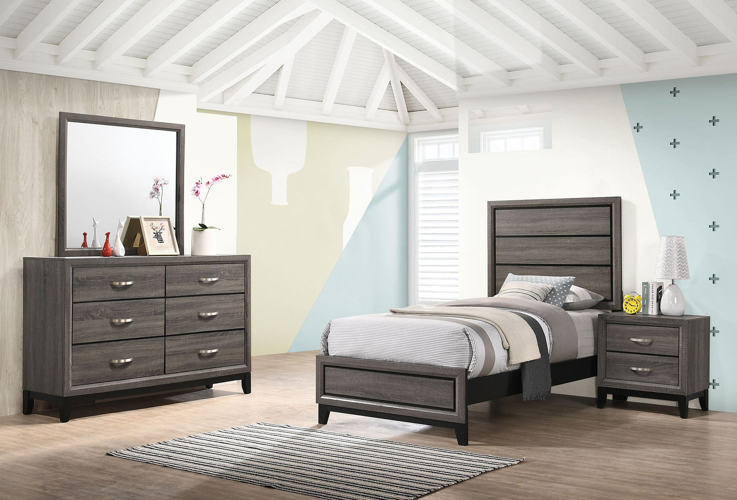 Watson Bed 4-Piece Set in Grey Oak