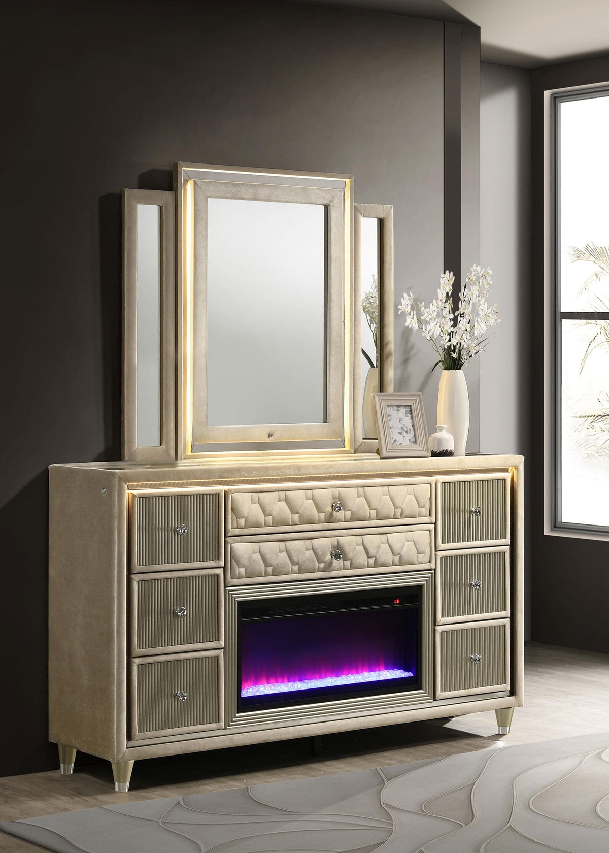 Lorient Dresser With Mirror in Ivory / Camel - Coaster Furniture