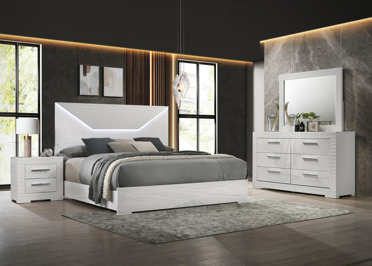 Ives Eastern King Bed 4-Piece Set - White High Gloss
