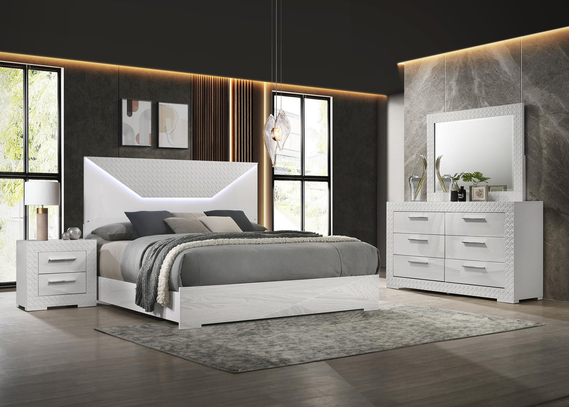 Ives Eastern King Bed 4-Piece Set - White High Gloss