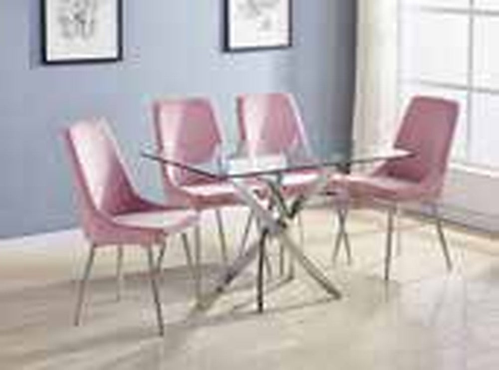 D6070 Velvet Dining Set – Glass Table (Chrome Base) - Pink