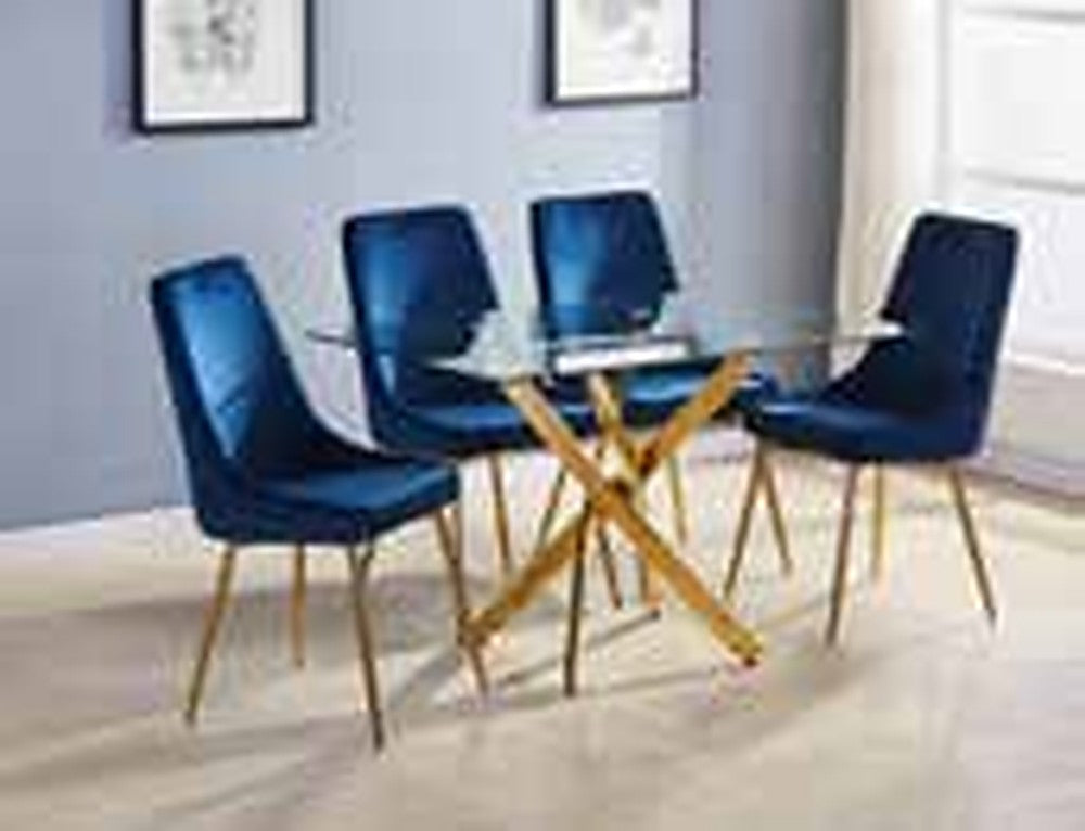 D6073 Velvet Dining Set – Glass Table (Gold Base) - Royal Blue